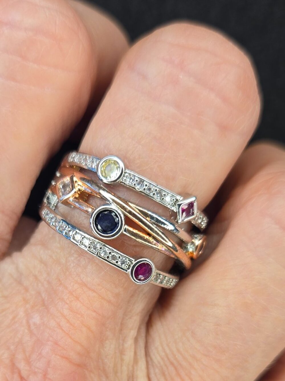 Mixed Metal Multi-Colored Stone Triple Band Ring - Size 7